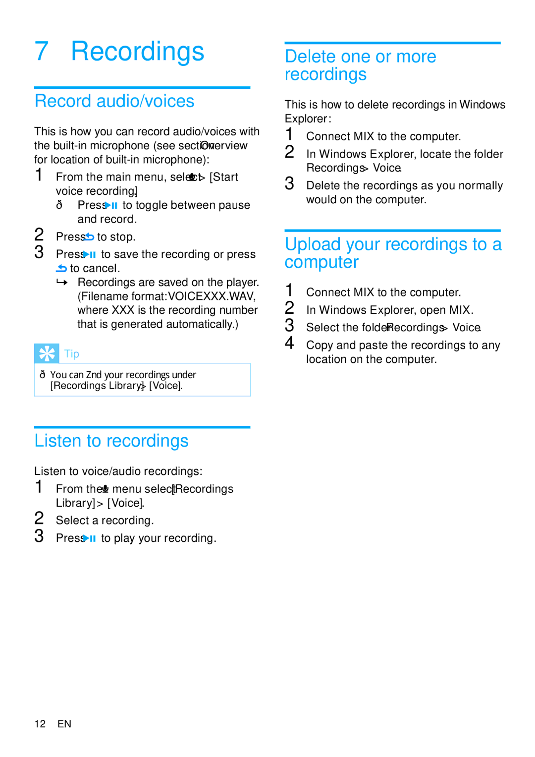 Philips SA2MXX08 user manual Recordings, Record audio/voices, Listen to recordings, Delete one or more recordings 