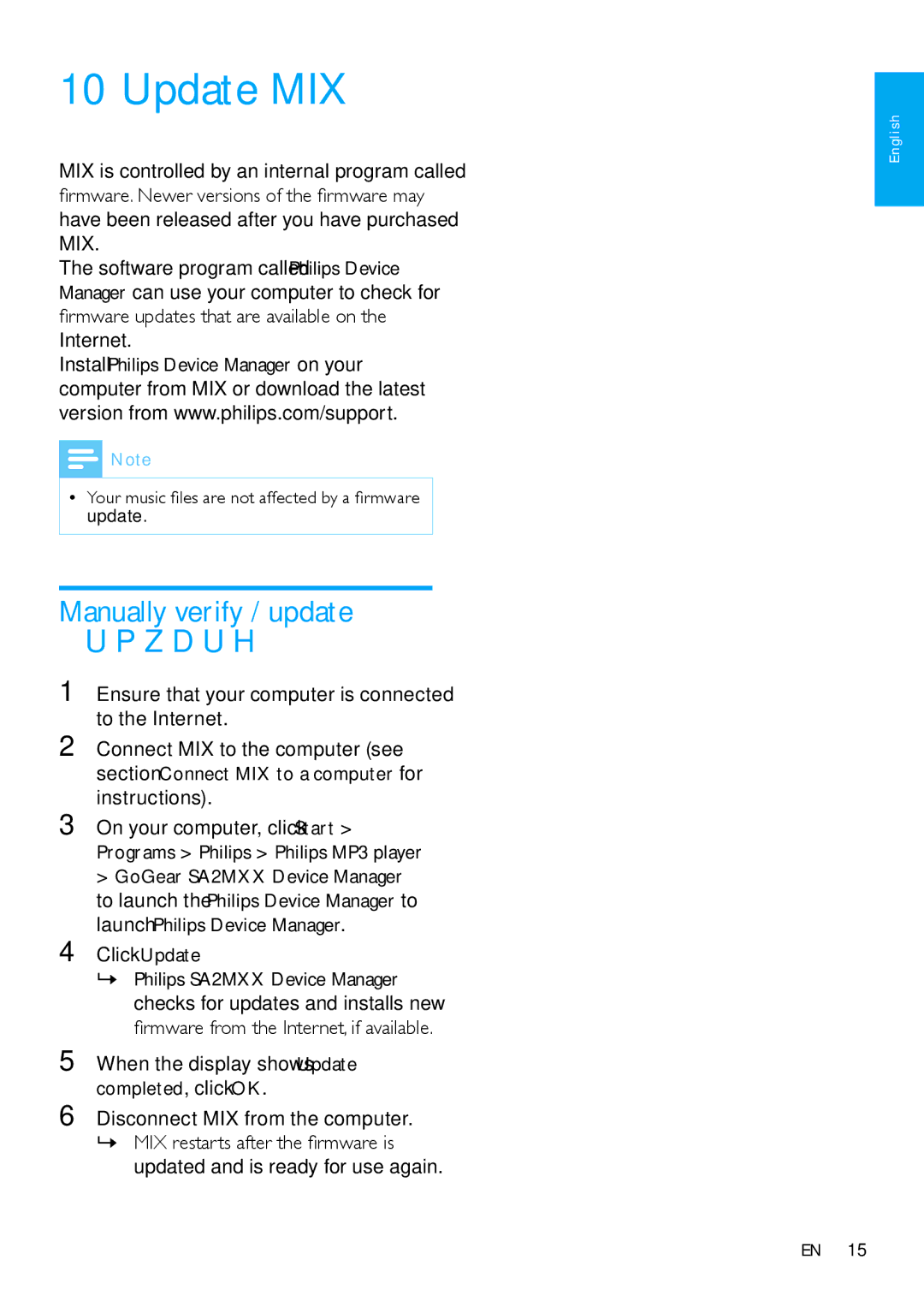 Philips SA2MXX08 user manual Update MIX, Manually verify / update firmware, Click Update 