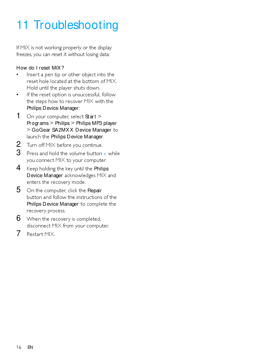 Philips SA2MXX08 user manual Troubleshooting, Turn off MIX before you continue, Restart MIX 