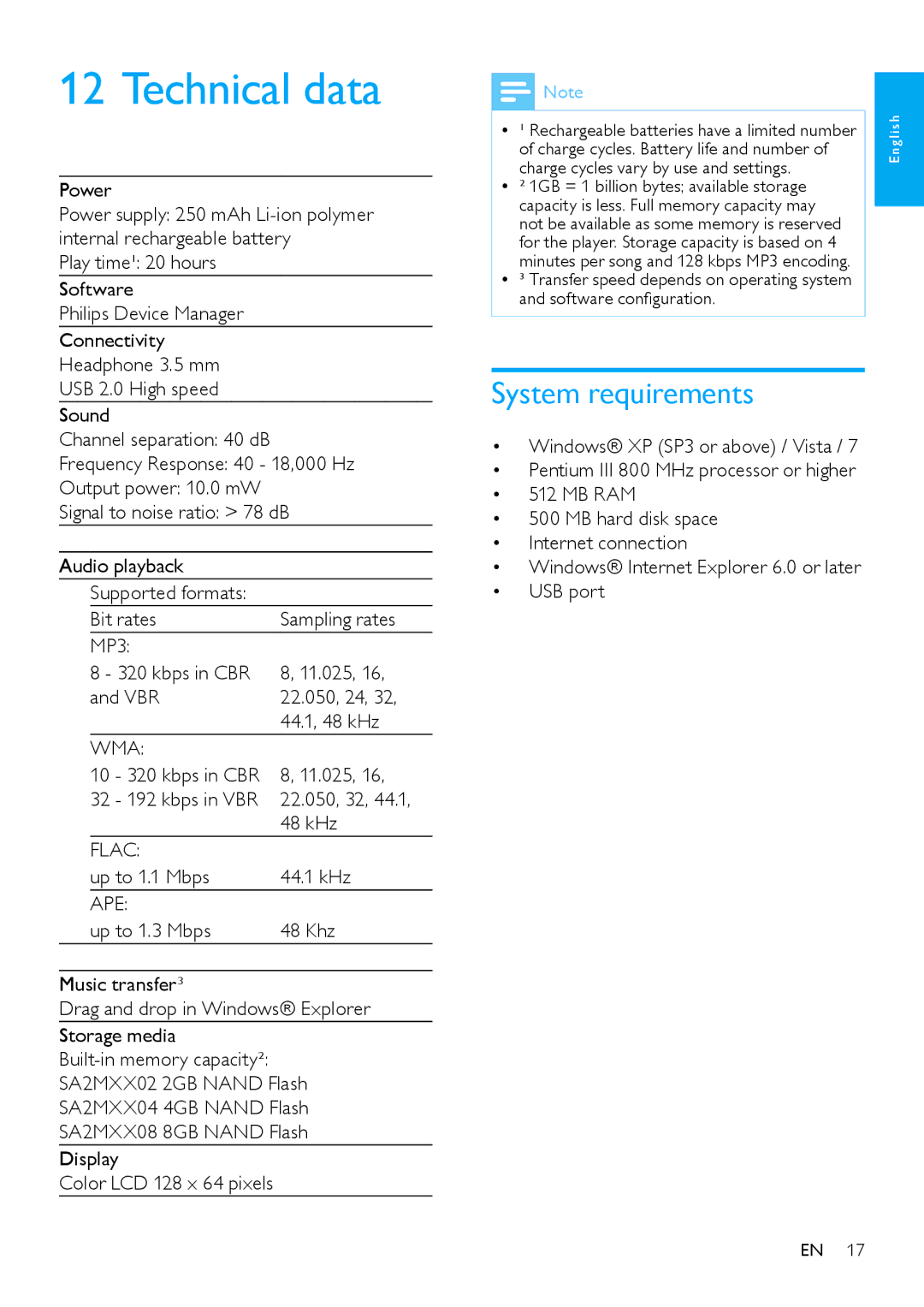 Philips SA2MXX08 user manual Technical data, System requirements 