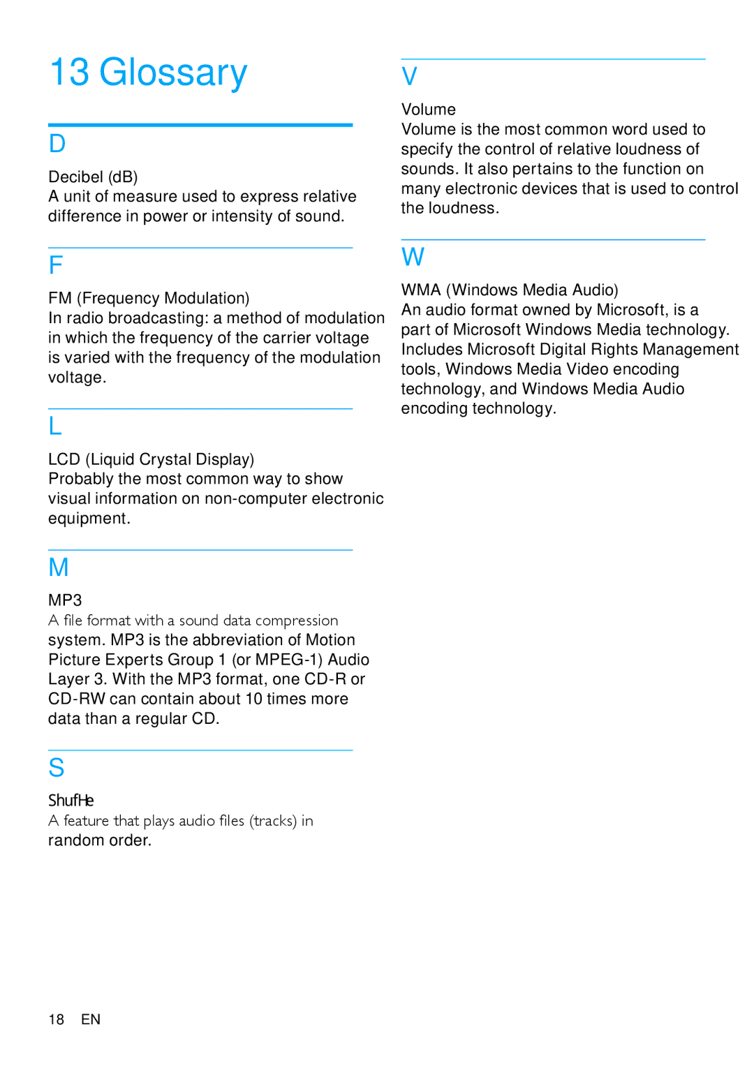 Philips SA2MXX08 user manual Glossary, Decibel dB 