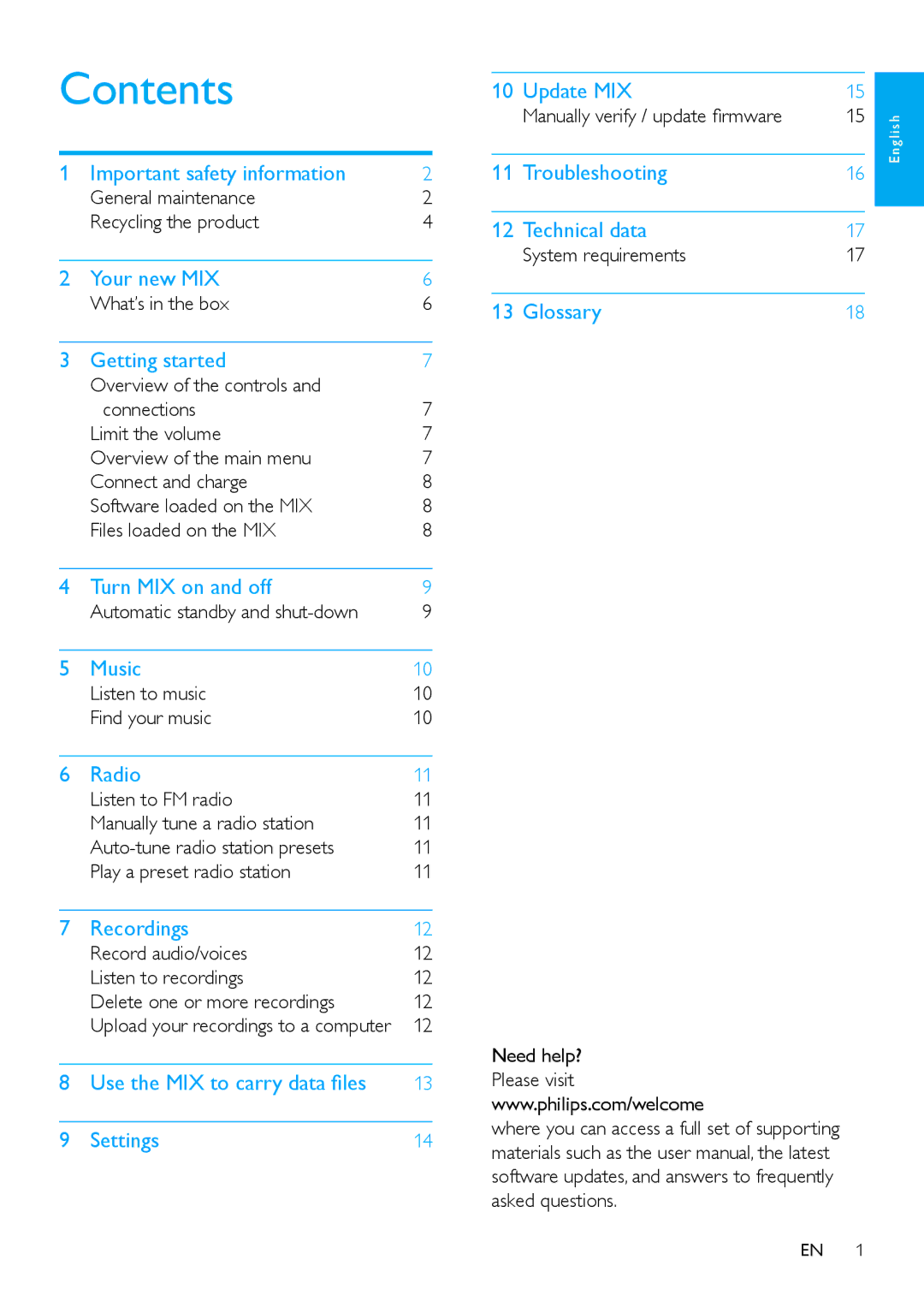 Philips SA2MXX08 user manual Contents 