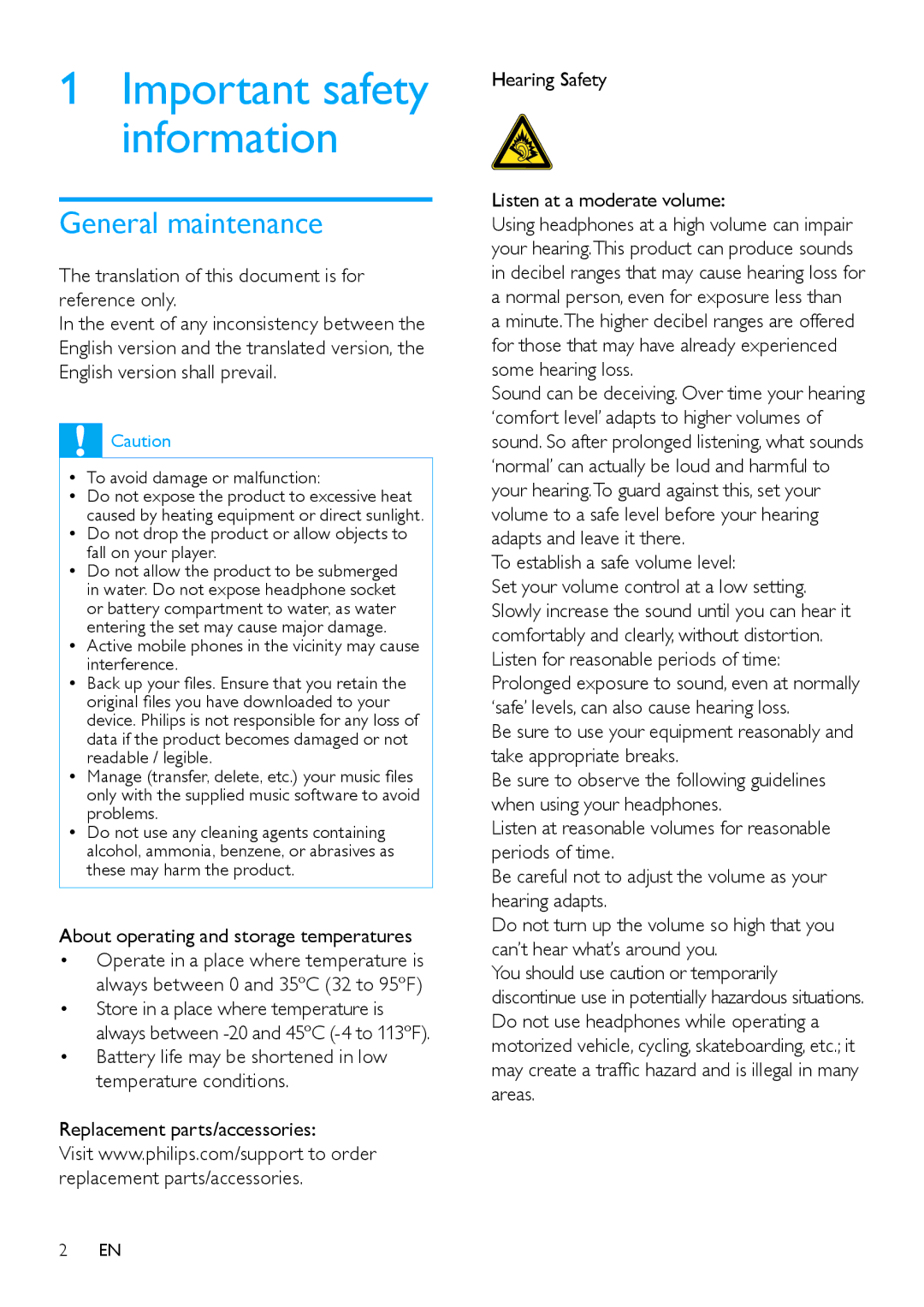 Philips SA2MXX08 General maintenance, About operating and storage temperatures, To establish a safe volume level 