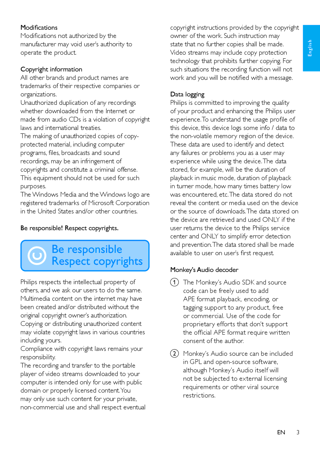 Philips SA2MXX08 user manual Be responsible! Respect copyrights, Compliance with copyright laws remains your responsibility 