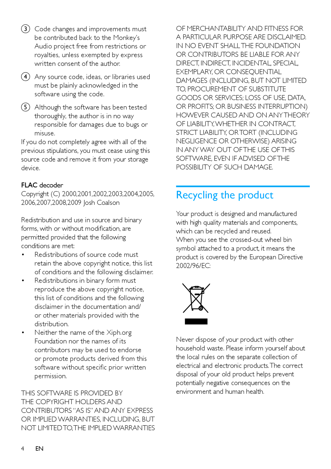 Philips SA2MXX08 user manual Recycling the product 