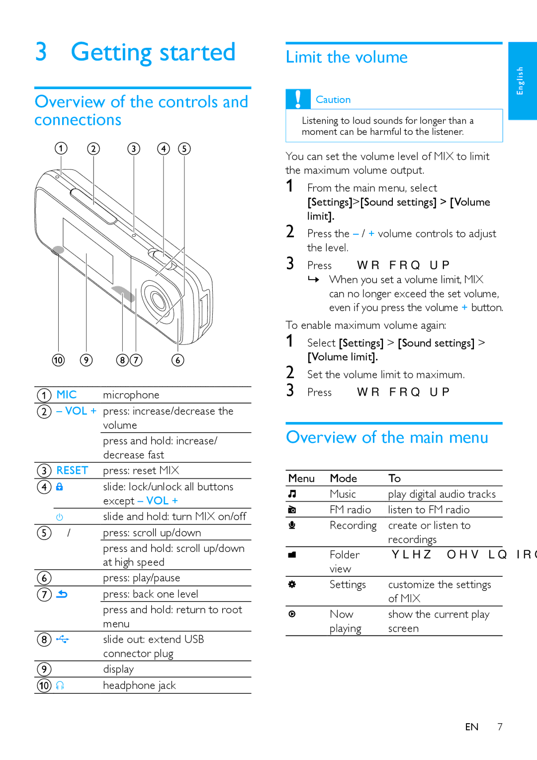 Philips SA2MXX08 Getting started, Overview of the controls and connections, Limit the volume, Overview of the main menu 