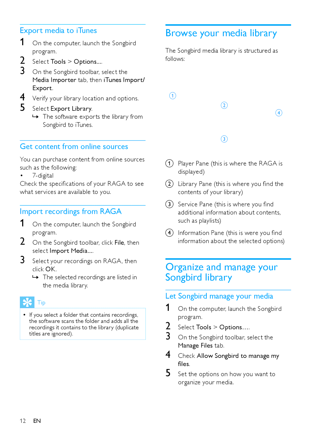 Philips SA2RGA02, SA2RGA08, SA2RGA04 user manual Browse your media library, Organize and manage your Songbird library 