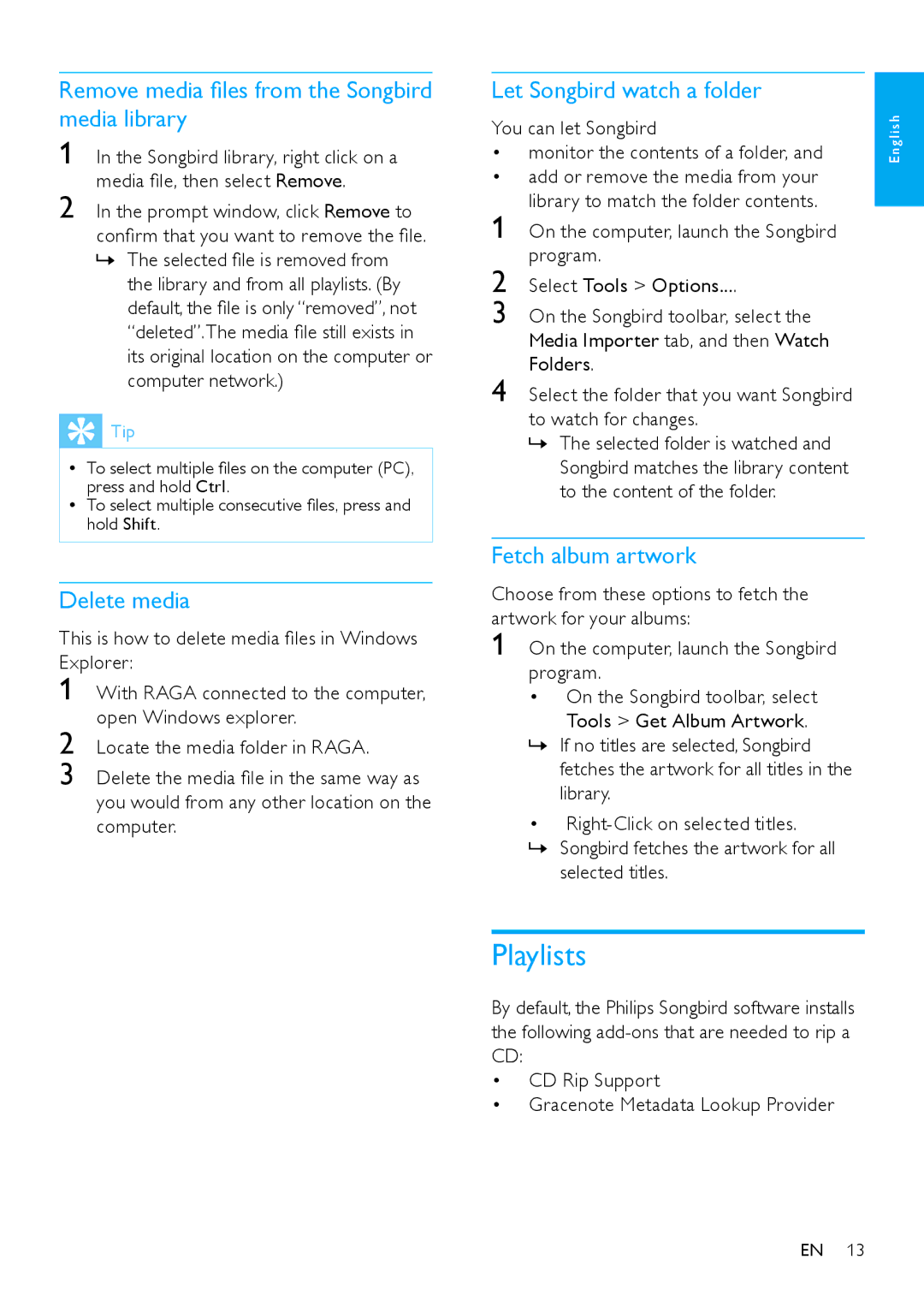 Philips SA2RGA04, SA2RGA08, SA2RGA02 user manual Remove media files from the Songbird media library, Delete media 