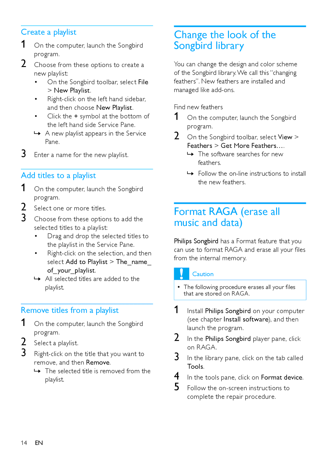 Philips SA2RGA08 Change the look of the Songbird library, Format Raga erase all music and data, Create a playlist 