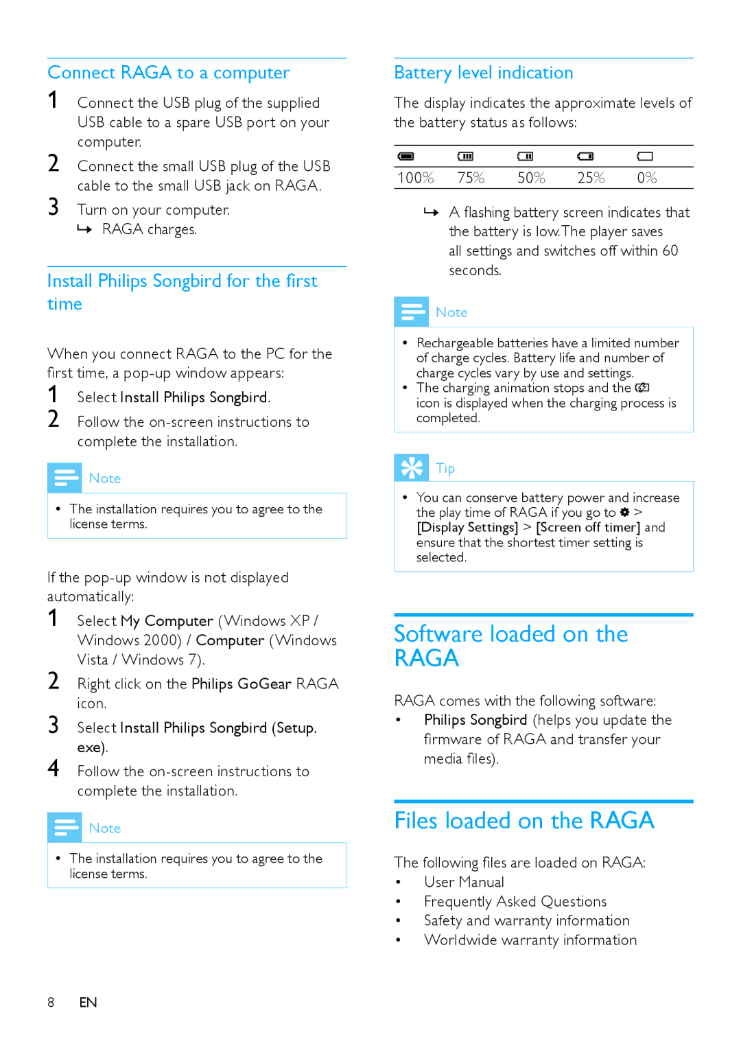 Philips SA2RGA08 Software loaded on, Files loaded on the Raga, Connect Raga to a computer, Battery level indication 