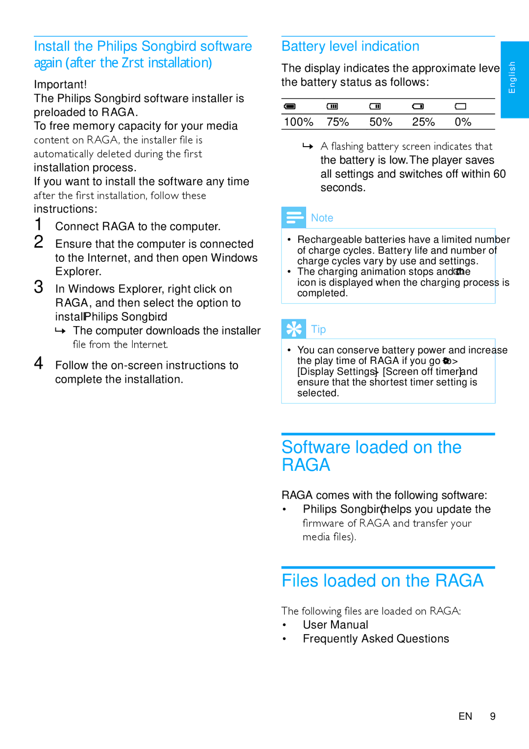 Philips SA2RGA02K, SA2RGA08K, SA2RGA04K user manual Software loaded on, Files loaded on the Raga, Battery level indication 