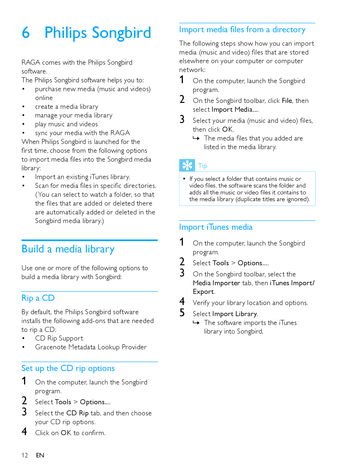 Philips SA2RGA02K, SA2RGA08K, SA2RGA04K user manual Philips Songbird, Build a media library 