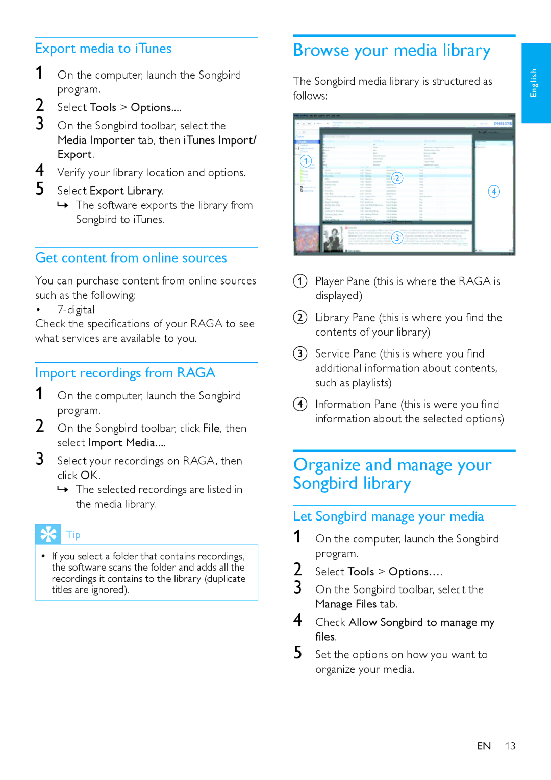 Philips SA2RGA04K, SA2RGA08K, SA2RGA02K user manual Browse your media library, Organize and manage your Songbird library 