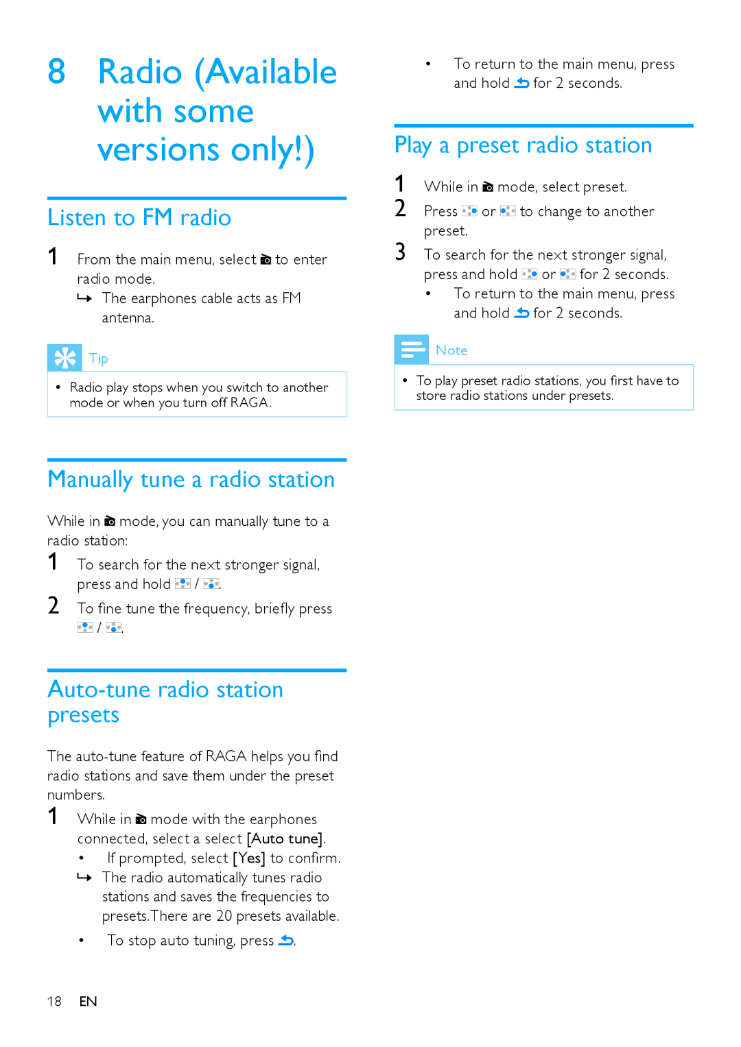 Philips SA2RGA02K, SA2RGA08K, SA2RGA04K user manual Listen to FM radio, Play a preset radio station 