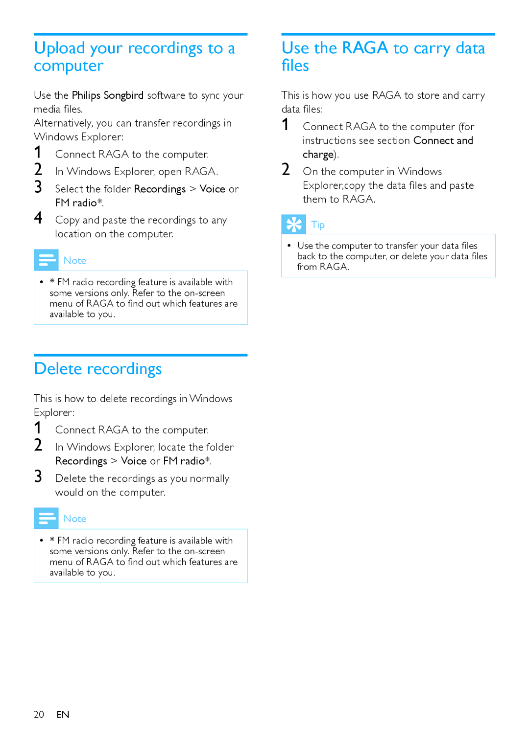 Philips SA2RGA08K, SA2RGA02K Upload your recordings to a computer, Delete recordings, Use the Raga to carry data files 