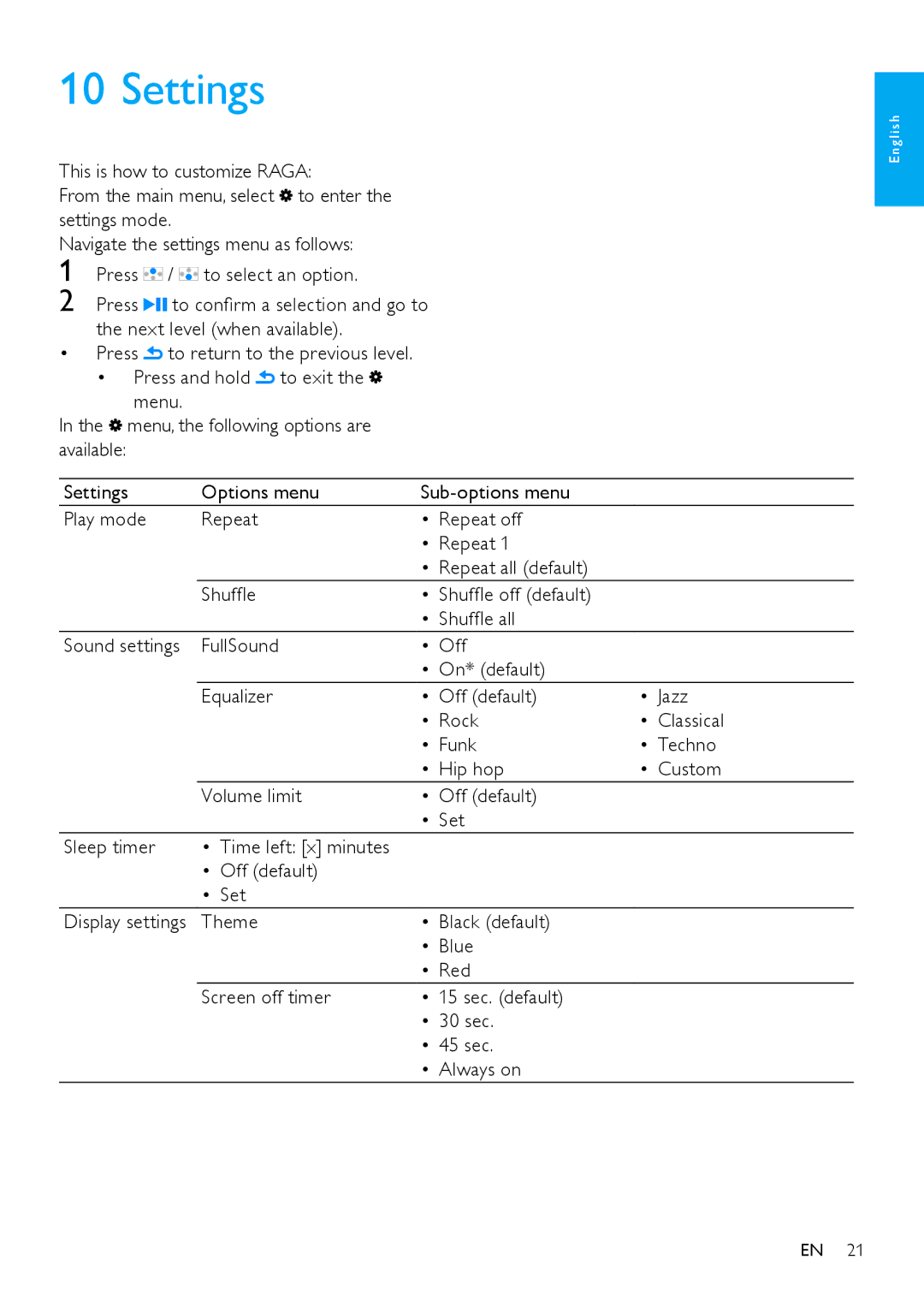 Philips SA2RGA02K, SA2RGA08K, SA2RGA04K user manual Settings 