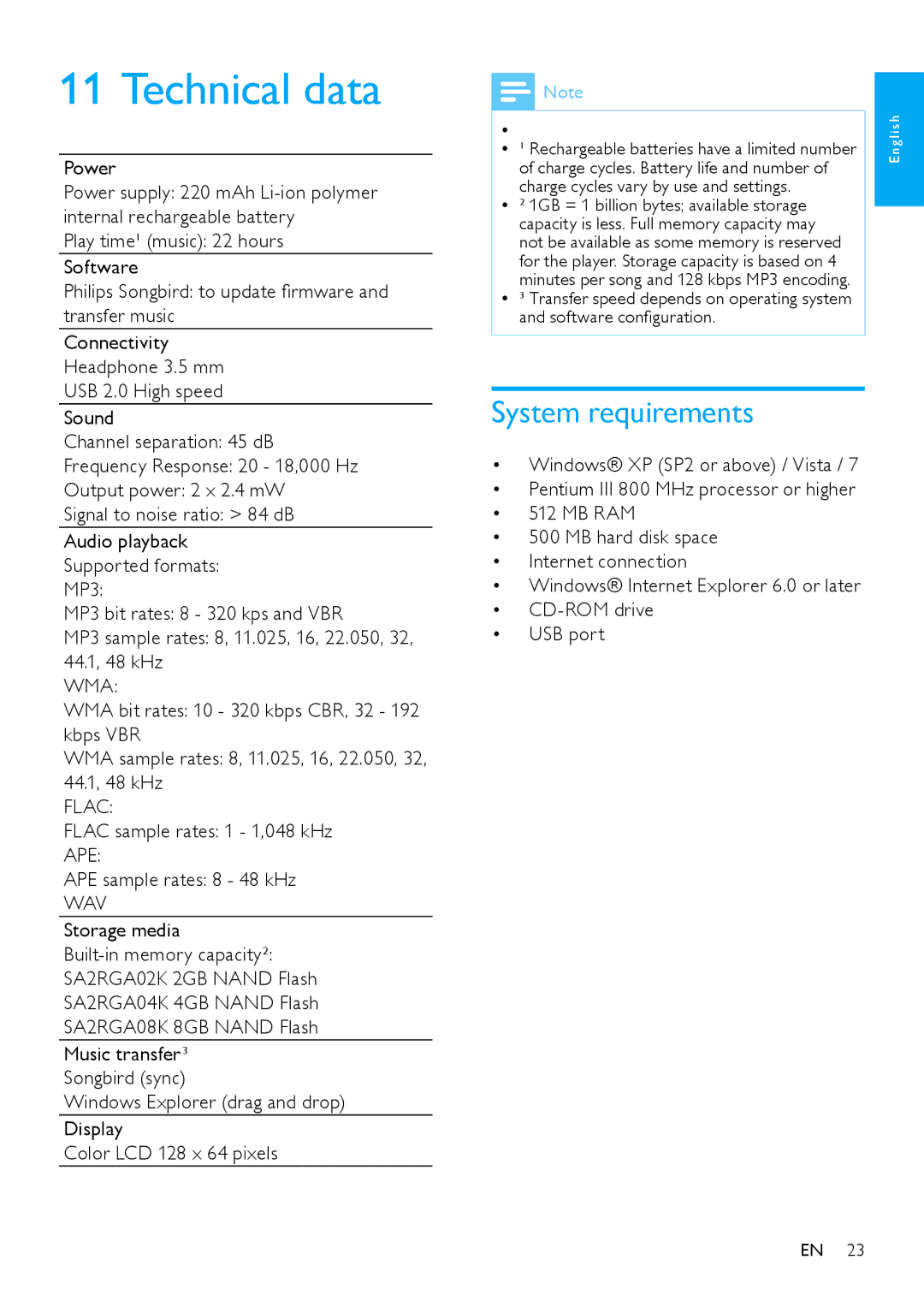 Philips SA2RGA08K Technical data, System requirements, Power, Flac sample rates 1 1,048 kHz APE APE sample rates 8 48 kHz 