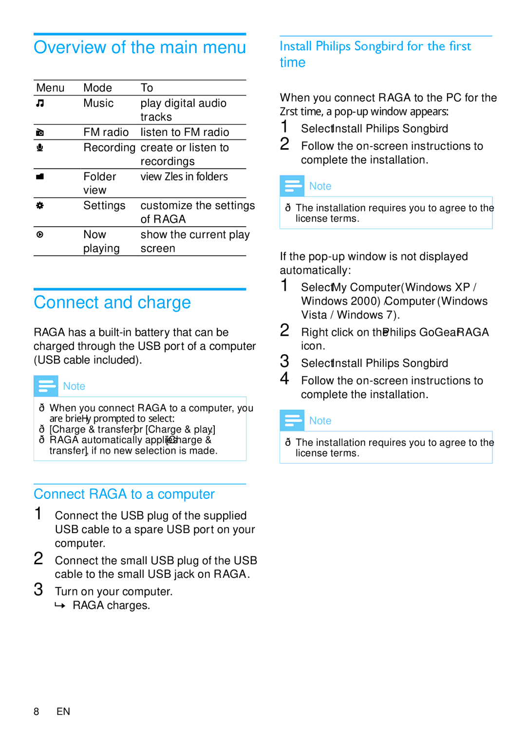 Philips SA2RGA08K, SA2RGA02K, SA2RGA04K user manual Overview of the main menu, Connect and charge, Connect Raga to a computer 