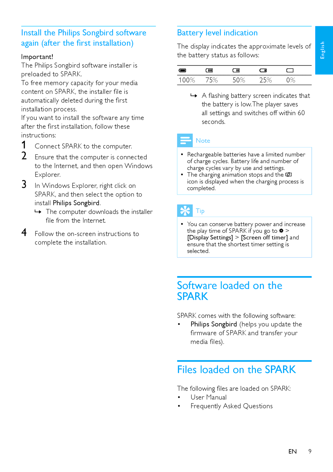 Philips SA2SPK08, SA2SPK/00, SA2SPK04 Software loaded on, Files loaded on the Spark, Battery level indication, 75% 50% 