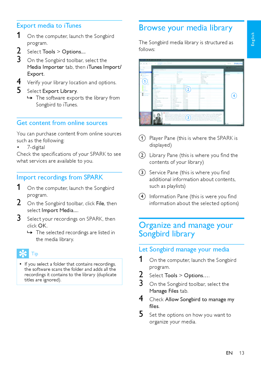 Philips SA2SPK02, SA2SPK08, SA2SPK/00, SA2SPK04 Browse your media library, Organize and manage your Songbird library 