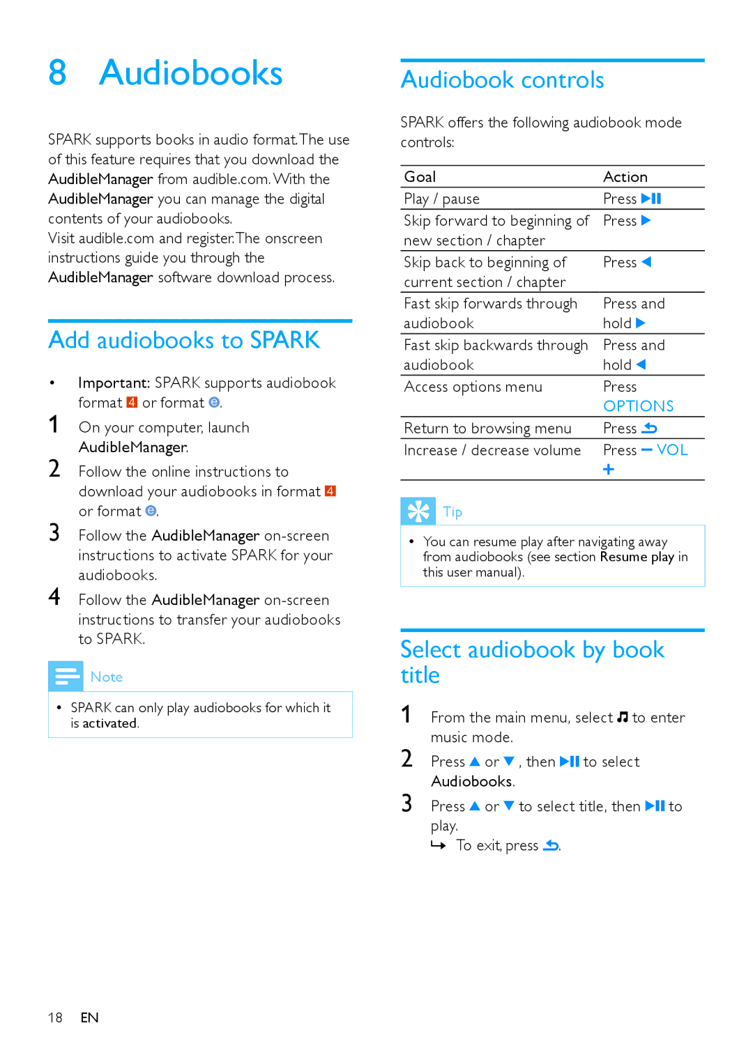 Philips SA2SPK02, SA2SPK08 Audiobooks, Add audiobooks to Spark, Audiobook controls, Select audiobook by book title 