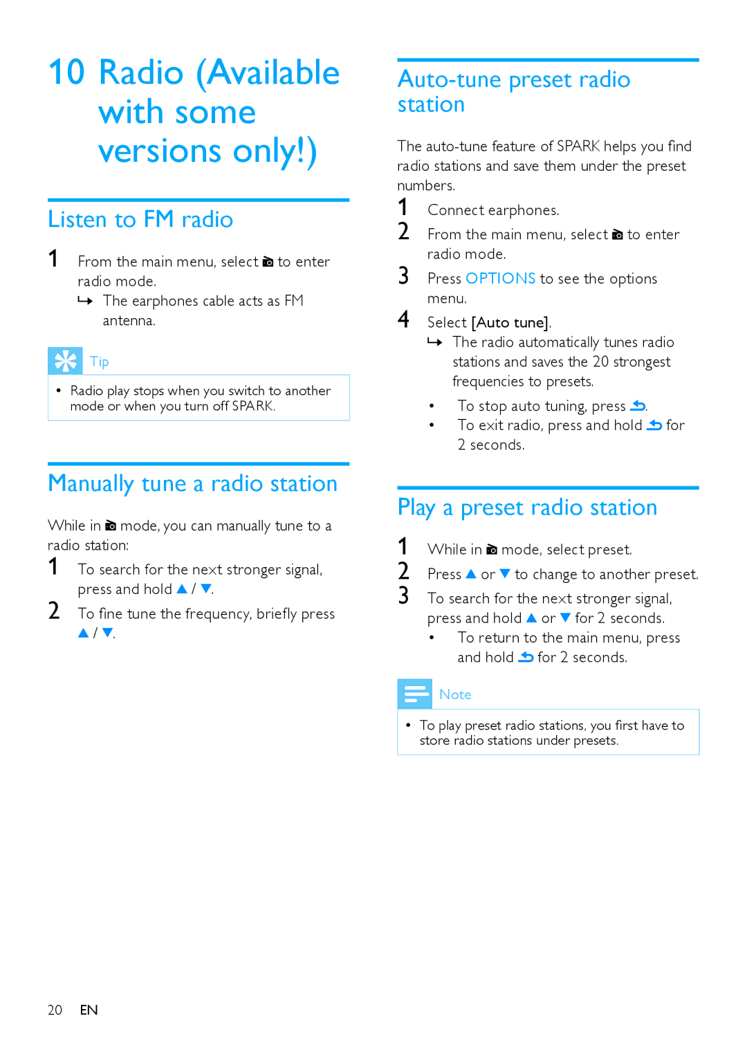 Philips SA2SPK/00, SA2SPK08, SA2SPK04 Listen to FM radio, Manually tune a radio station, Auto-tune preset radio station 