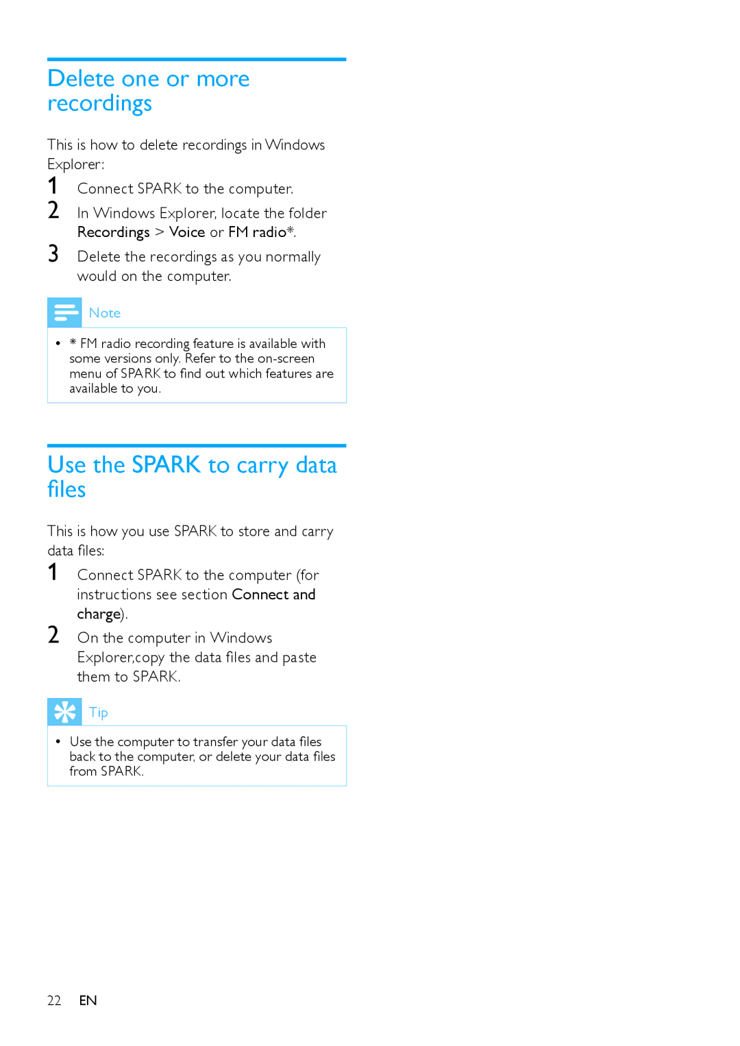 Philips SA2SPK08, SA2SPK/00, SA2SPK04, SA2SPK02 Delete one or more recordings, Use the Spark to carry data files 