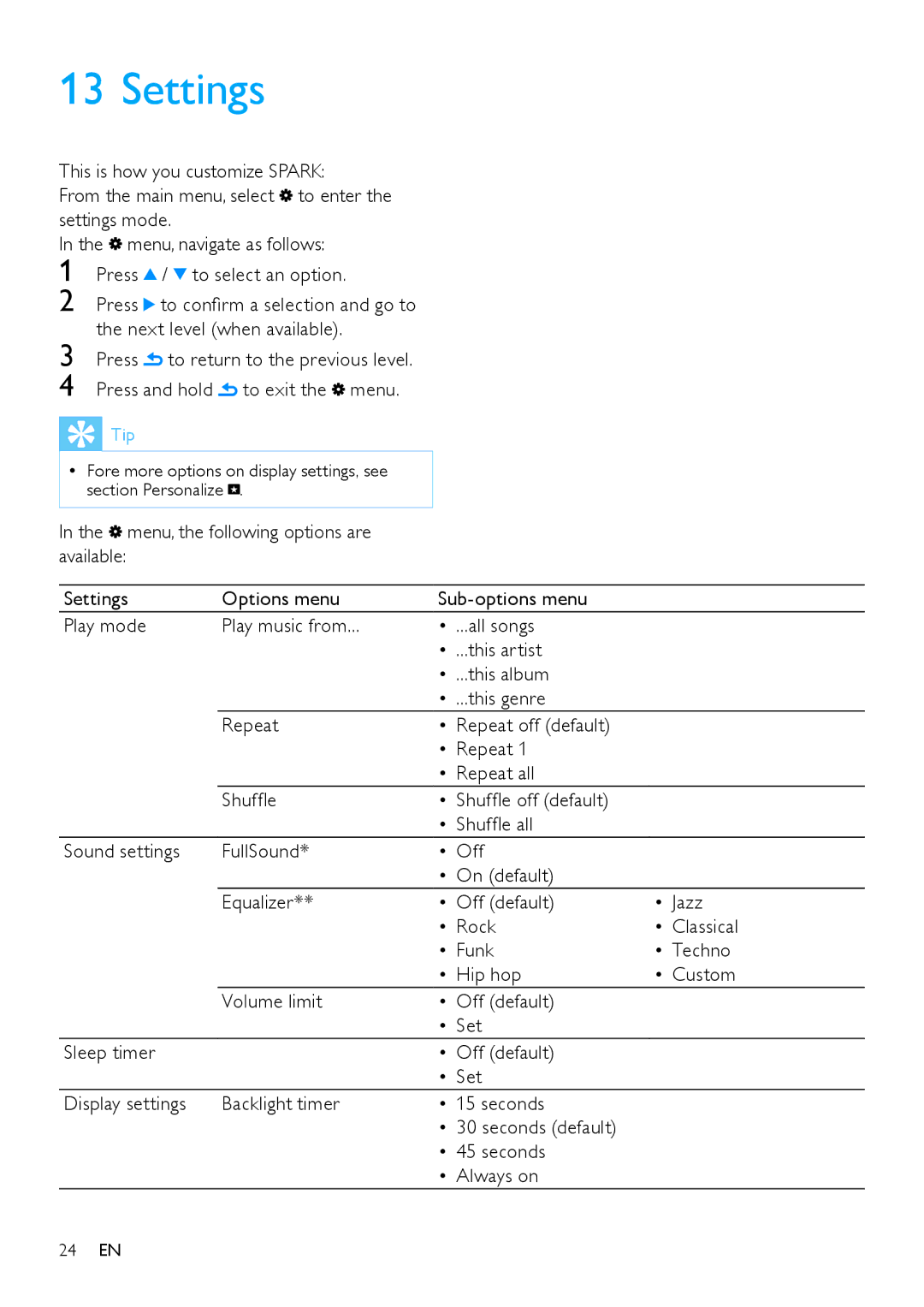 Philips SA2SPK08, SA2SPK/00, SA2SPK04, SA2SPK02 user manual Settings 