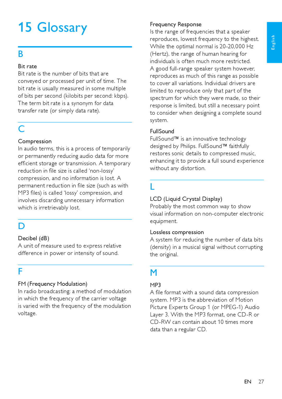 Philips SA2SPK08, SA2SPK/00, SA2SPK04, SA2SPK02 user manual Glossary, Bit rate, Compression, Decibel dB 