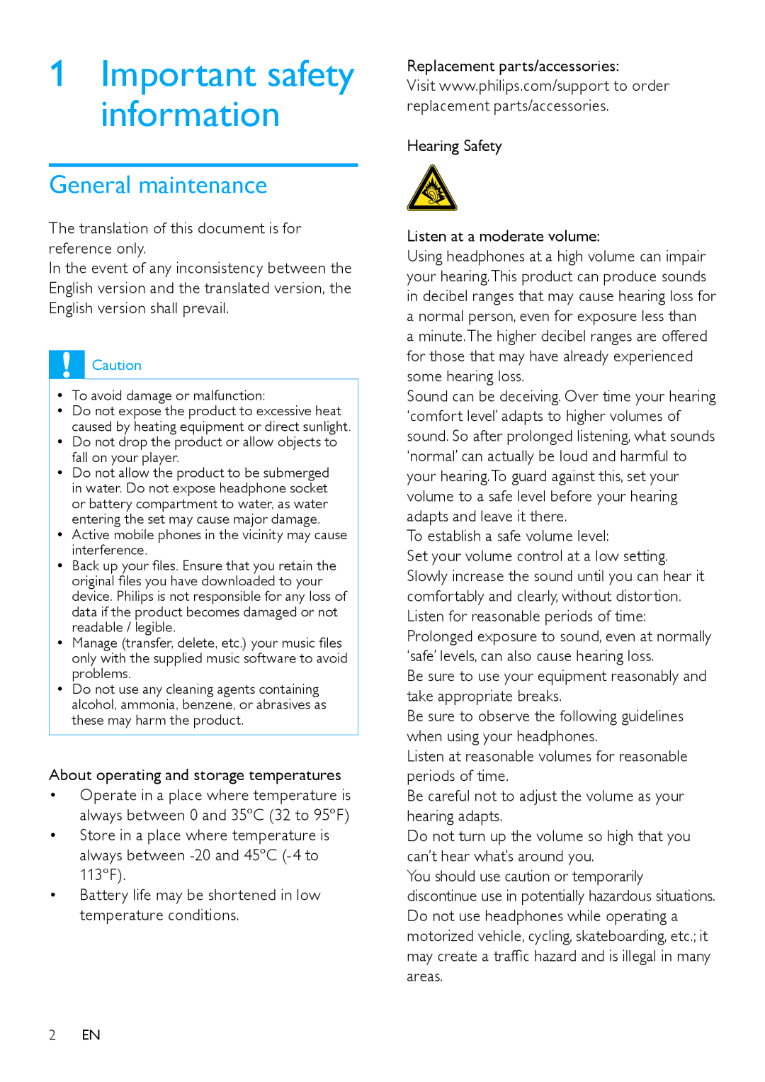 Philips SA2SPK08 General maintenance, About operating and storage temperatures, To establish a safe volume level 