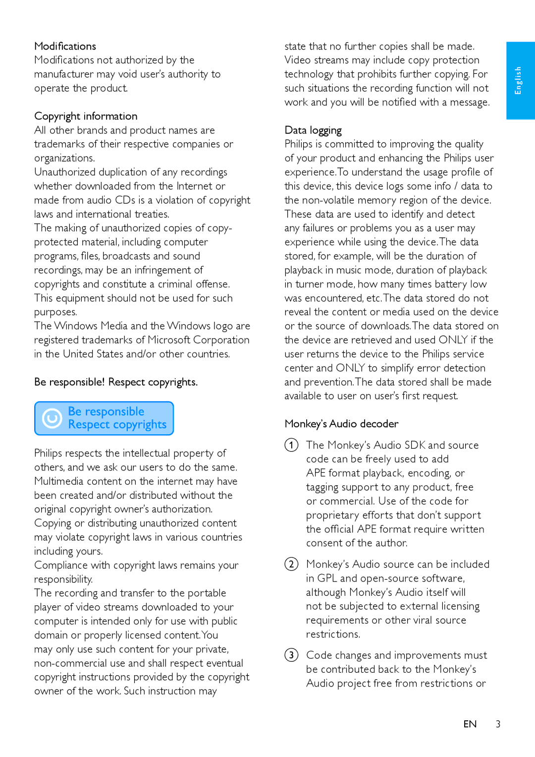 Philips SA2SPK02, SA2SPK08 Be responsible! Respect copyrights, Compliance with copyright laws remains your responsibility 