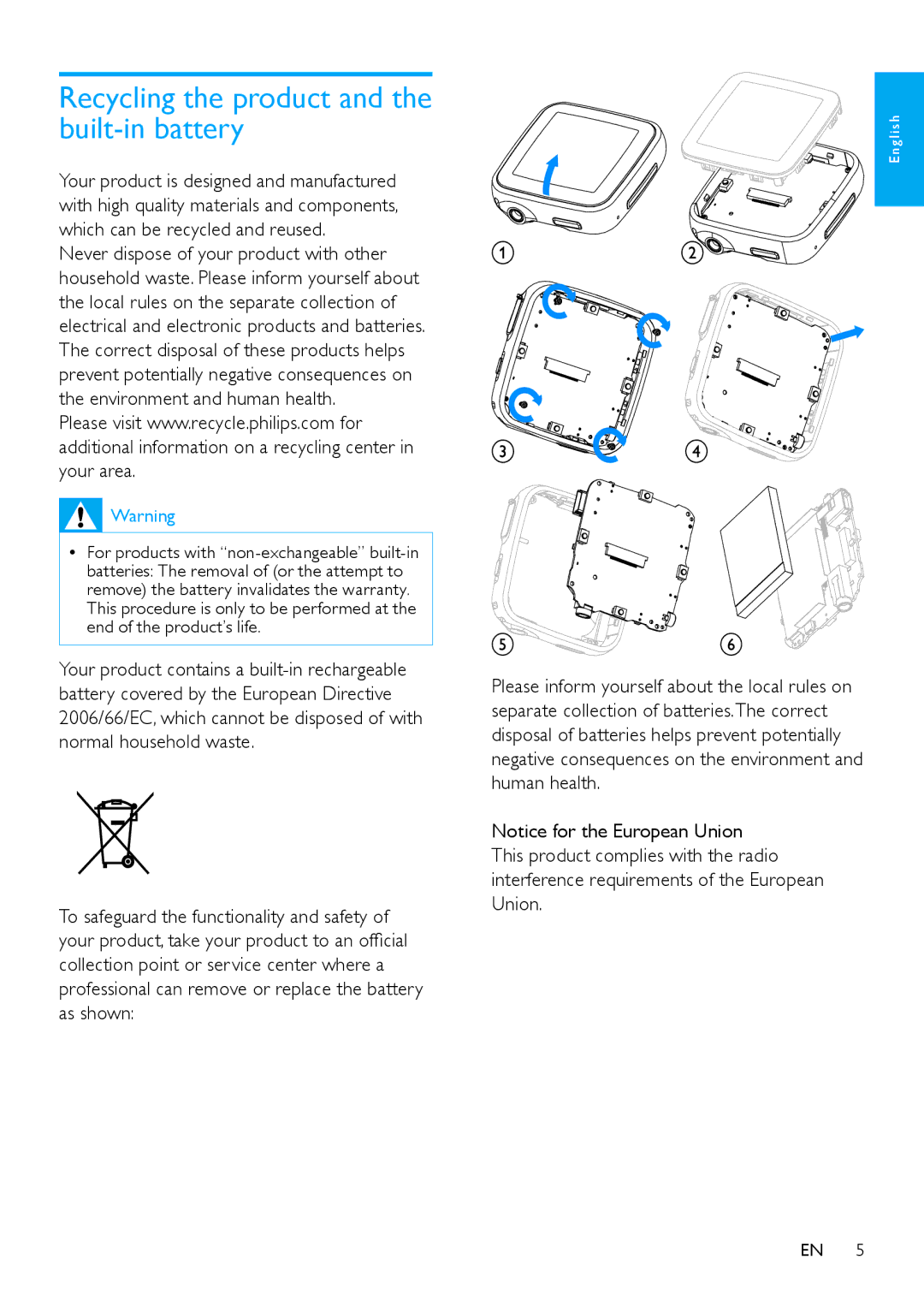 Philips SA2SPK/00, SA2SPK08, SA2SPK04, SA2SPK02 user manual Recycling the product and the built-in battery 