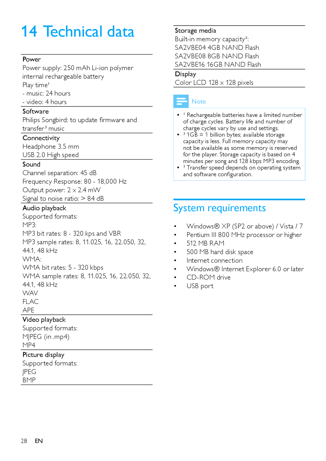 Philips SA2VBE/02, SA2VBE32 Technical data, System requirements, Power, Video playback Supported formats Mjpeg in .mp4 