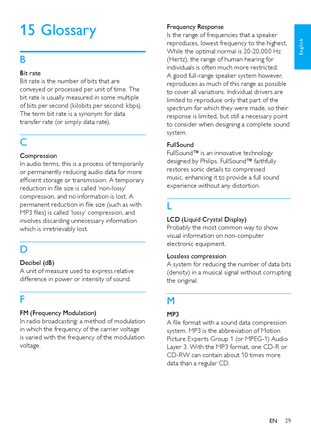 Philips SA2VBE32, SA2VBE/02 user manual Glossary, Bit rate, Compression, Decibel dB 