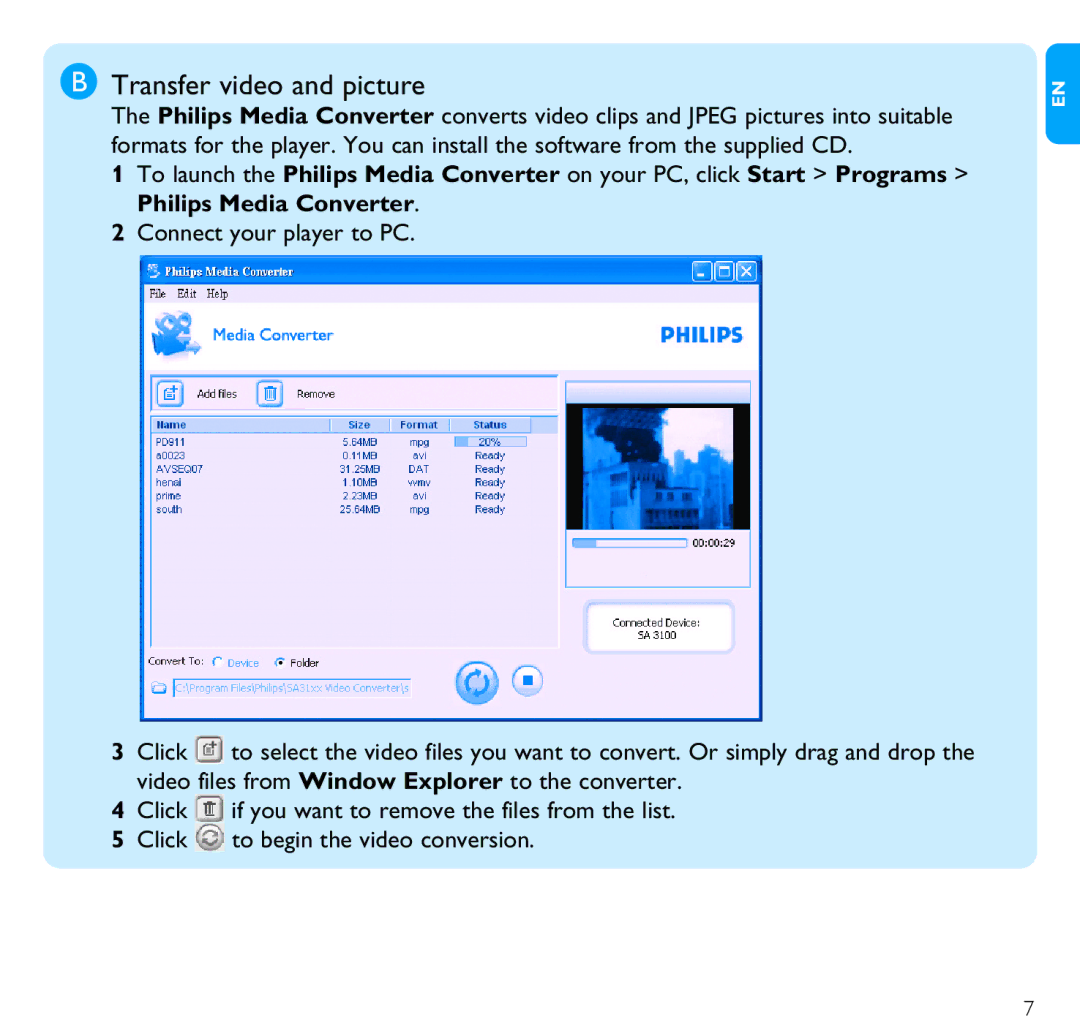 Philips SA3014 quick start Transfer video and picture 