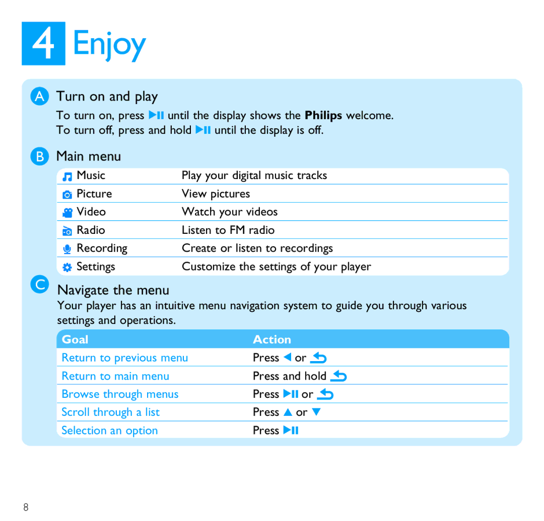 Philips SA3014 quick start Enjoy, Turn on and play, Main menu, Navigate the menu 