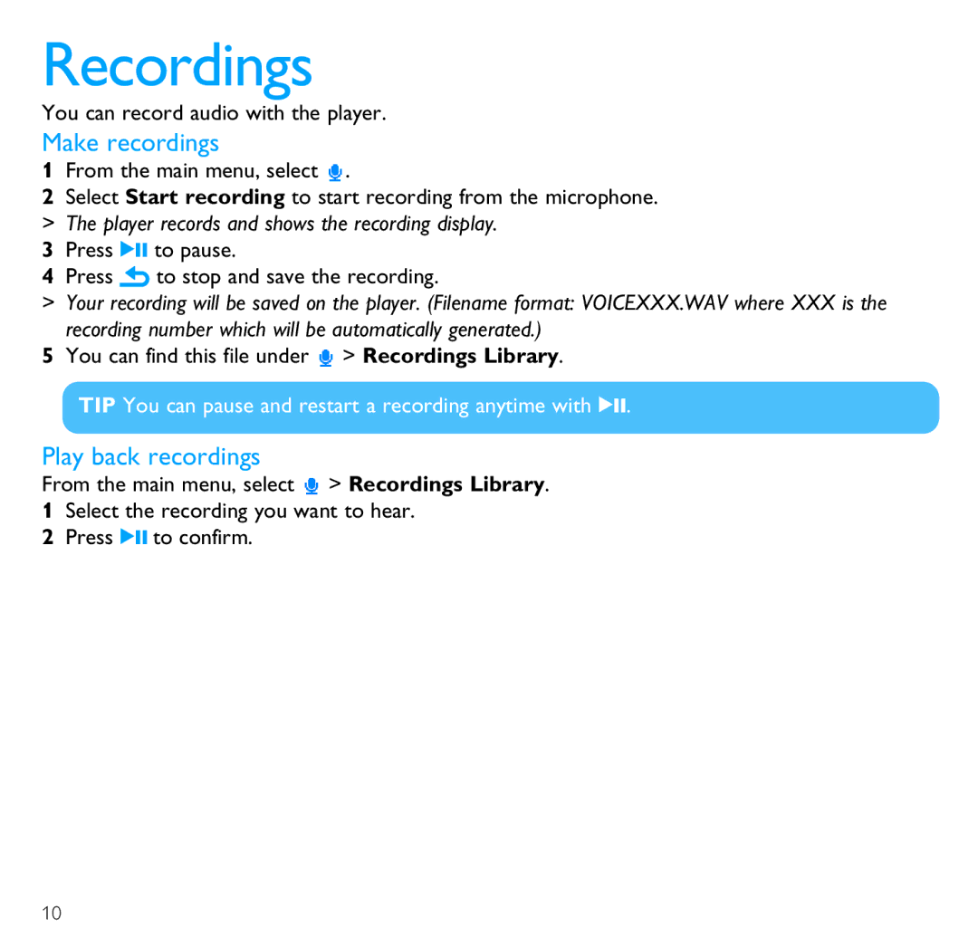 Philips SA3014 quick start Recordings, Make recordings 