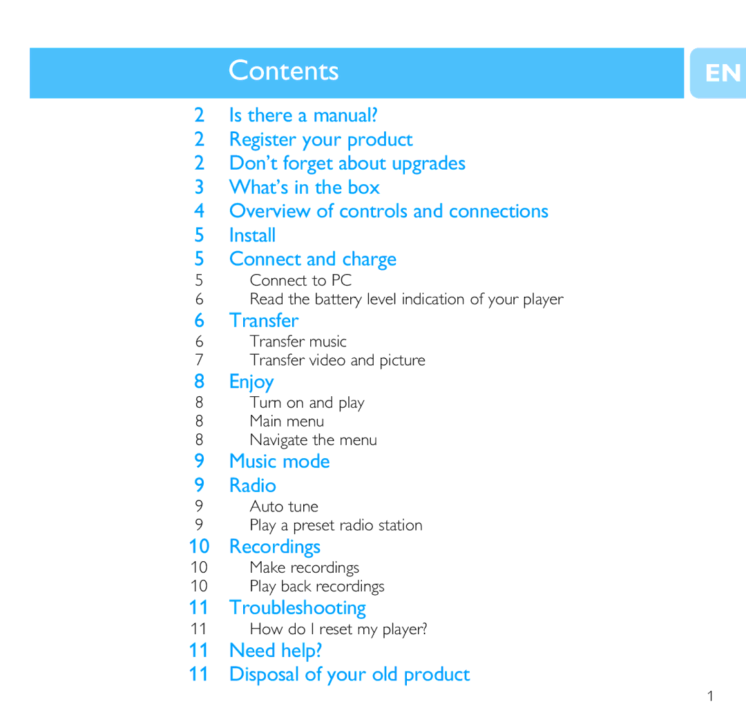 Philips SA3014 quick start Contents 