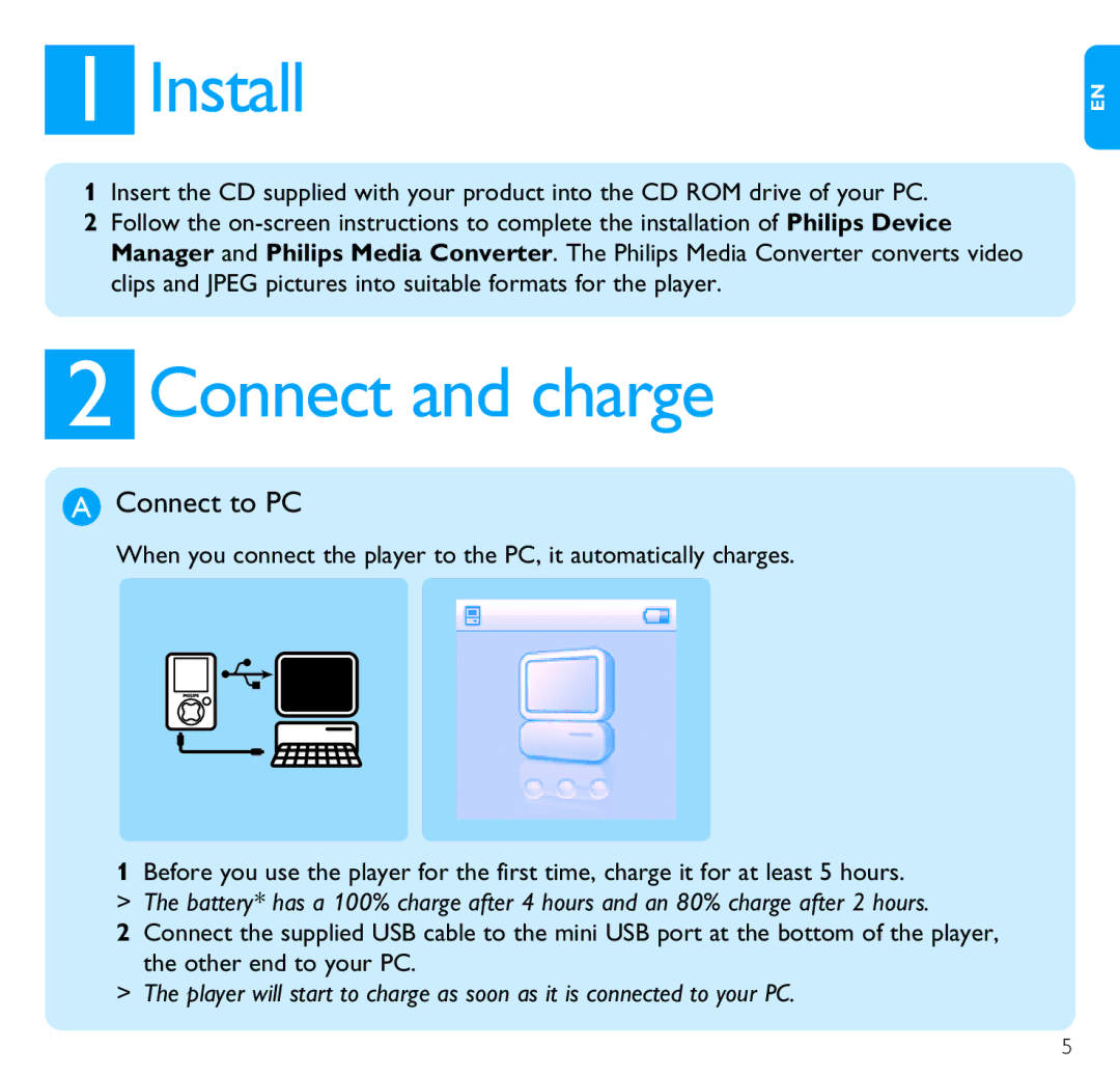 Philips SA3014 quick start Install, Connect and charge, Connect to PC 