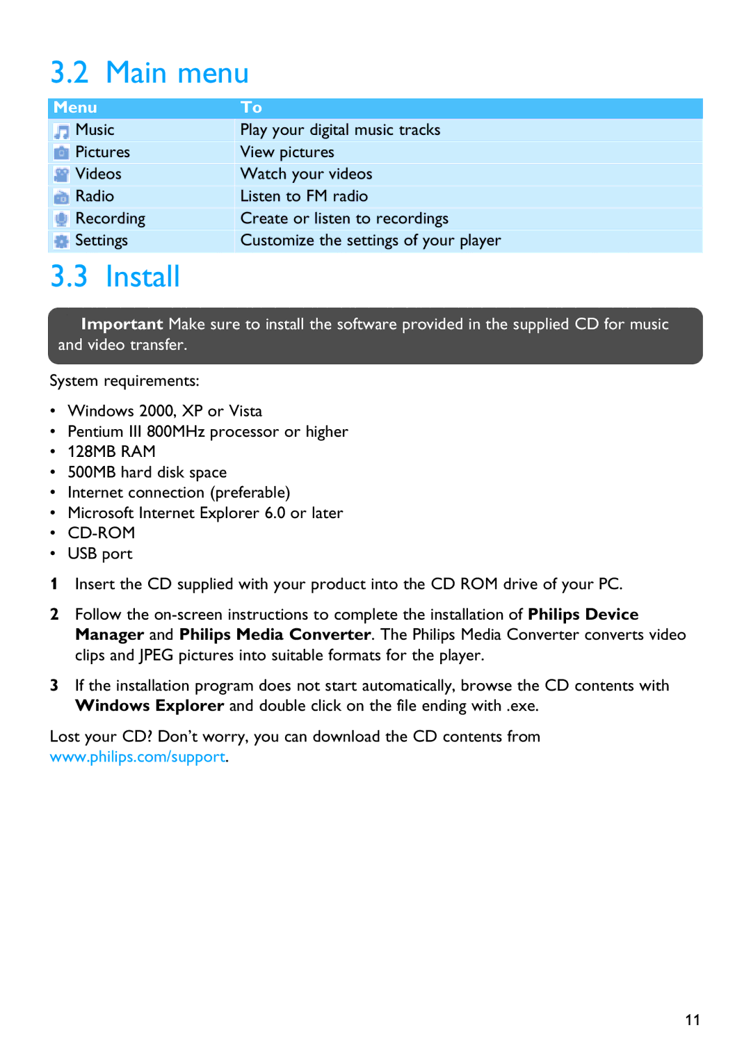 Philips SA3026, SA3015, SA3016, SA3046, SA3025, SA3044, SA3024, SA3045 manual Main menu, Install 