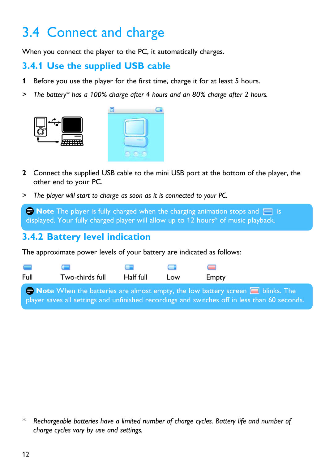 Philips SA3025, SA3015, SA3016, SA3046, SA3026 manual Connect and charge, Use the supplied USB cable, Battery level indication 