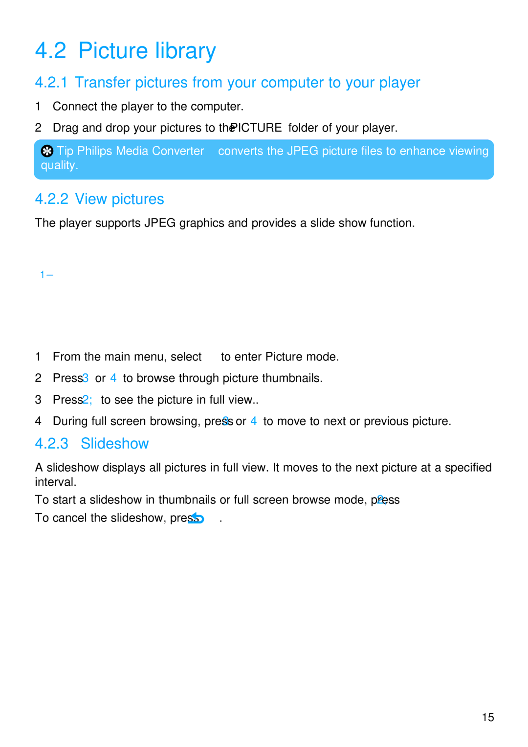 Philips SA3045, SA3015 manual Picture library, Transfer pictures from your computer to your player, View pictures, Slideshow 