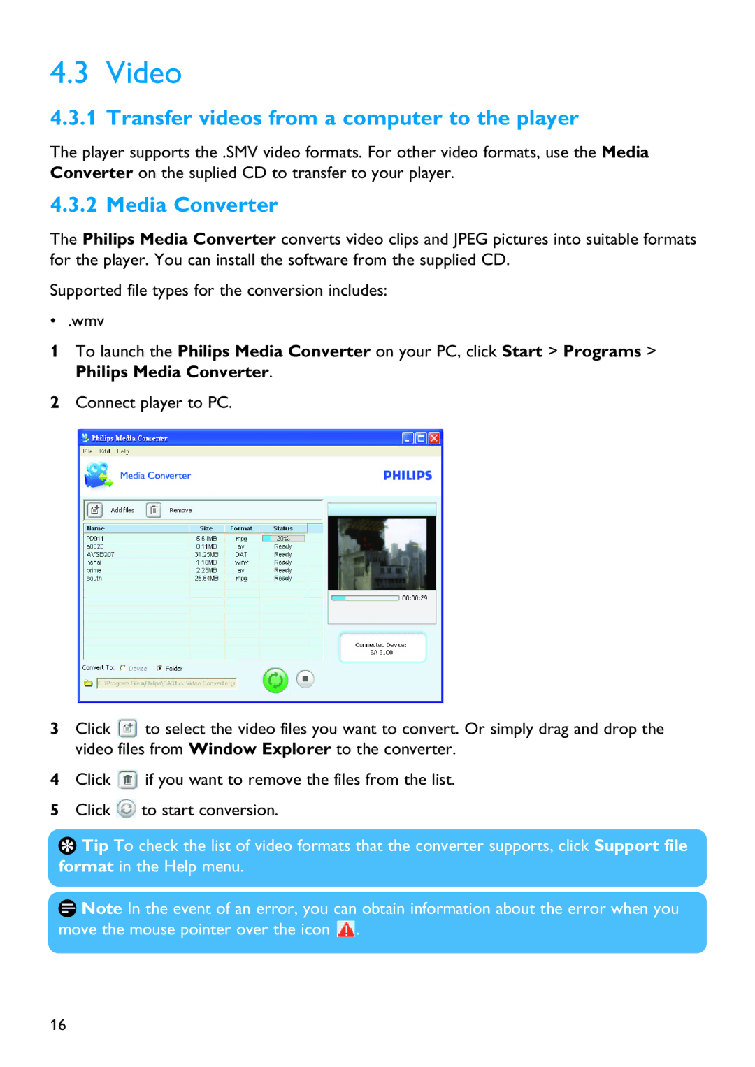 Philips SA3015, SA3016, SA3046, SA3026, SA3025, SA3044 Video, Transfer videos from a computer to the player, Media Converter 