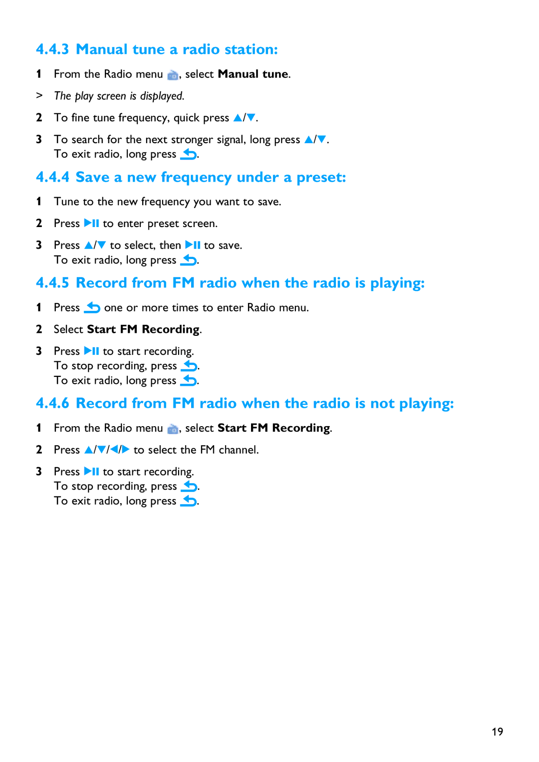 Philips SA3026, SA3015, SA3016, SA3046, SA3025, SA3044, SA3024 Manual tune a radio station, Save a new frequency under a preset 