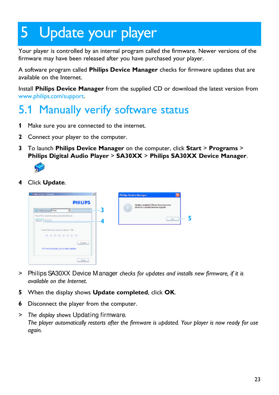 Philips SA3045, SA3015, SA3016, SA3046, SA3026, SA3025, SA3044, SA3024 manual Update your player, Manually verify software status 