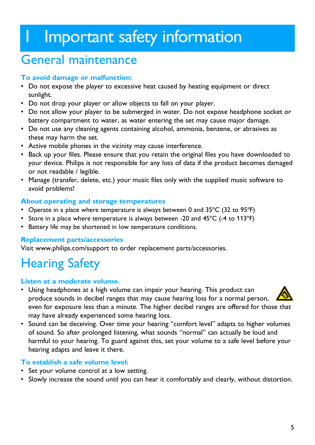 Philips SA3044, SA3015, SA3016, SA3046, SA3026, SA3025 manual Important safety information, General maintenance, Hearing Safety 