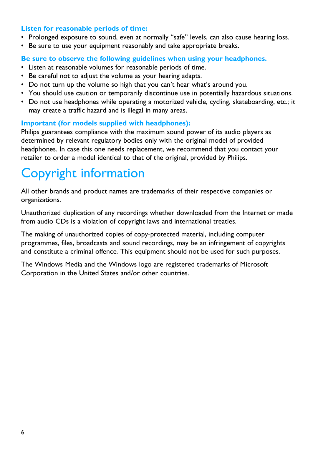 Philips SA3024 Copyright information, Listen for reasonable periods of time, Important for models supplied with headphones 