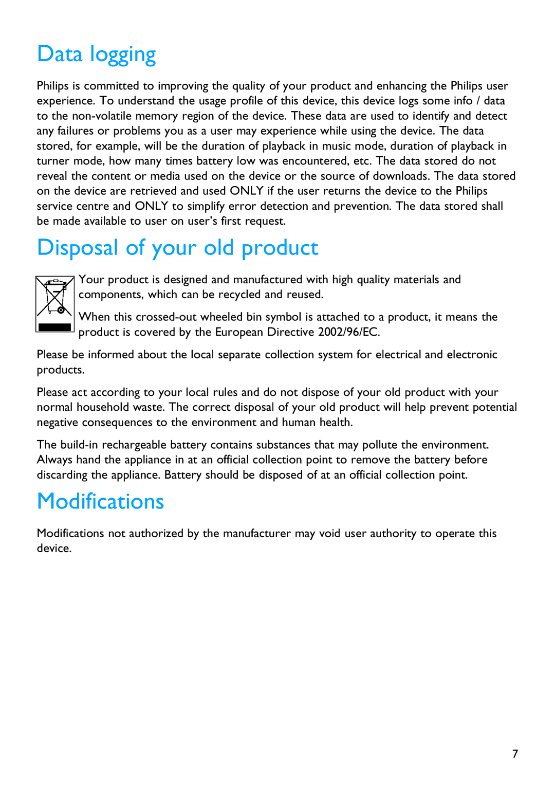 Philips SA3045, SA3015, SA3016, SA3046, SA3026, SA3025, SA3044, SA3024 Data logging, Disposal of your old product, Modifications 