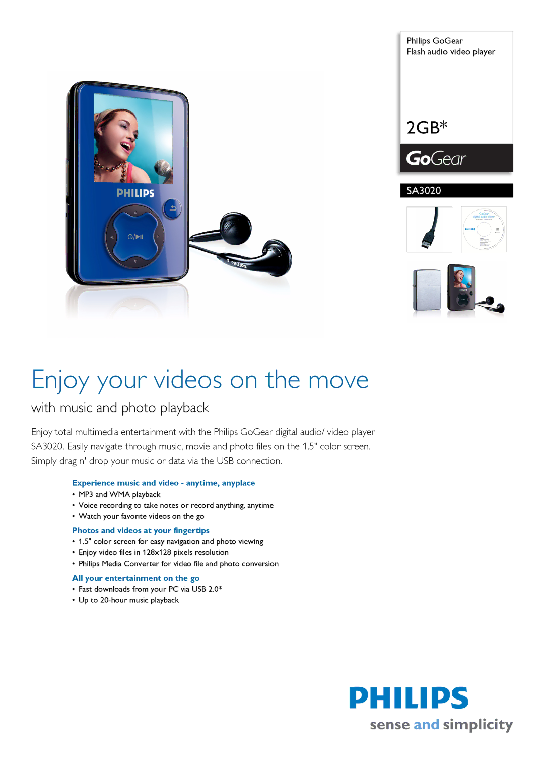 Philips SA3020/37 manual Experience music and video anytime, anyplace, Photos and videos at your fingertips 