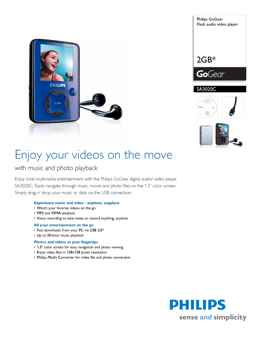 Philips SA3020C/37 manual Experience music and video anytime, anyplace, All your entertainment on the go 